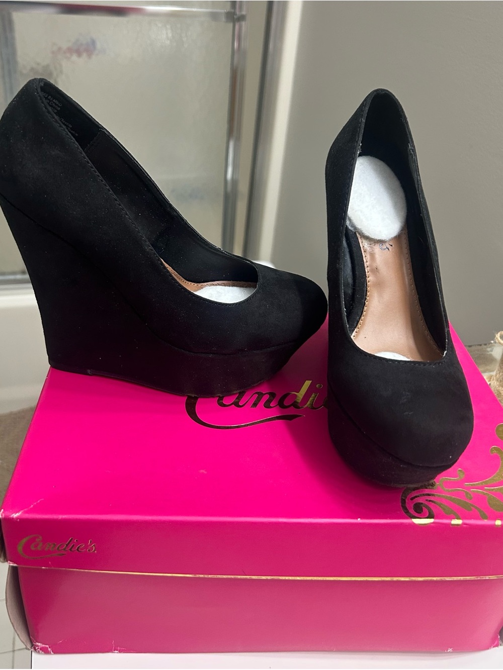Candie's Black Suede Wedge Pumps